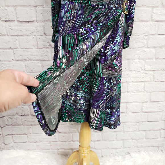 Cache Purple Green Print Long Sleeve Faux Wrap Dress Cocktail Party Sz S - Picture 5 of 15